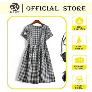 Đầm babydoll nữ thiết kế cổ tròn kẻ caro form rộng, chất thô đũi mềm mát da159