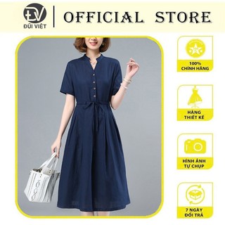 Đầm Linen công sở, Váy midi nữ cổ V ngắn tay chất linen mềm Da160