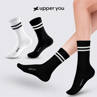 Tất Vớ Nam Nữ Gân Trơn Cổ Cao UPPER YOU Cotton Tự Nhiên Kẻ Sọc Thời Trang 2 Màu Đen Trắng Dày Dặn Êm Ái - BSF4001