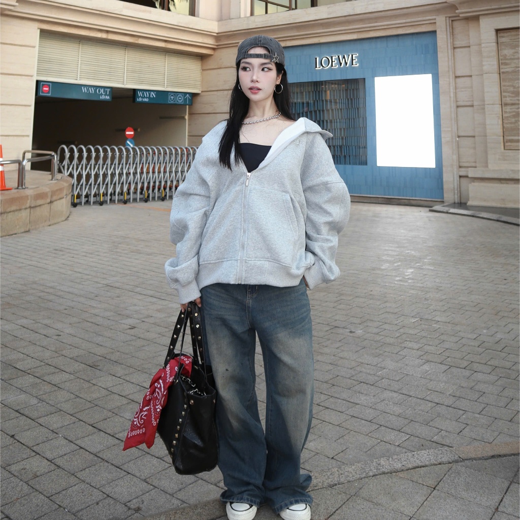 Áo Khoác Hoodie Zip Nỉ Cotton Cổ Cao NQ30 DINO Form Boxy Nam Nữ Unisex | BigBuy360 - bigbuy360.vn