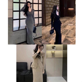  Set thu đông sang chảnh áo dài tay cổ V + chân váy bút chì dài Hàng QC Cao Cấp Yame #y328 Clothing #2383 