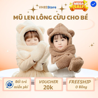 Mũ Len Lông Cừu Trùm Đầu Tai Gấu Liền Khăn Cổ & Găng Tay Giữ Ấm Chống Gió Lạnh Mùa Đông Cho Bé Từ 3 - 15 Tuổi