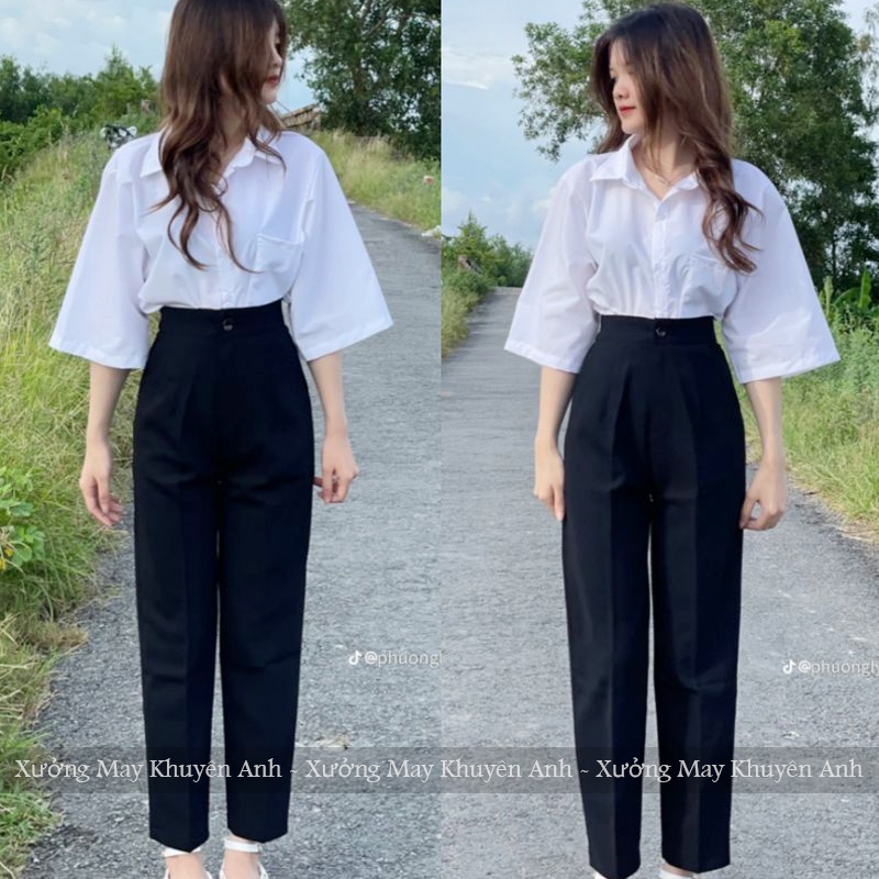 Quần tây nữ đi học cấp 3 2 lưng cao ống đứng suông dài màu Đen Xanh Đen - Quần baggy học sinh đi học