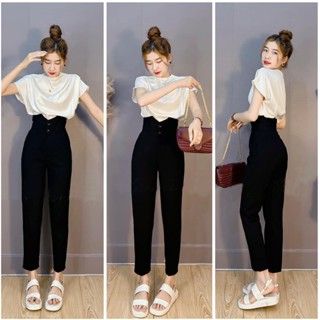 Quần tây nữ lưng cao khóa sườn cạp V che bụng màu Đen dáng quần baggy nữ cạp cao đi học làm công sở vải dày co giãn nhẹ