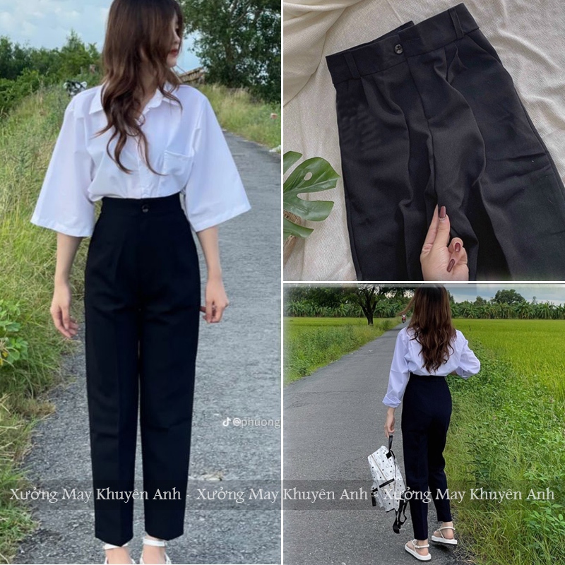Quần tây 1 nút lưng cao đi học làm công sở màu Đen Xanh Đen dáng quần baggy học sinh đi học cấp 2 3 