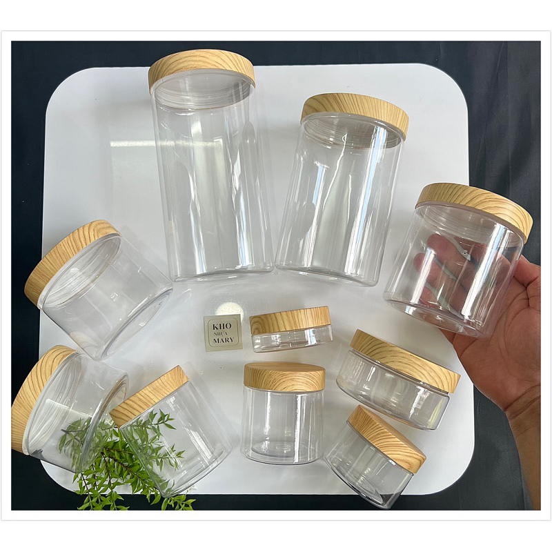 HỘP NHỰA TRONG NẮP GỖ màu -(SET 4 và 1) hủ 100g 200g 500g 750g 1000g - Hủ Pet Cao cấp đựng kem , chiết Mỹ phẩm, đựng bột