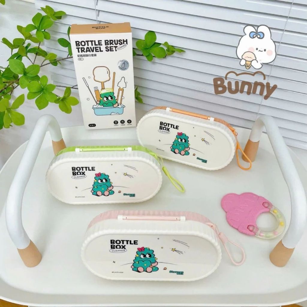 Cọ rửa bình sữa Silicon 6 chi tiết Bunny tiện lợi, Cọ rửa 6 chi tiết mang đi du lịch kèm hộp gọn