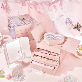 Bộ Quà Tặng Trang Điểm 4 tầng YOULIYOULA Hồng Trái Tim Đèn Bướm đầy đủ 13 món cao cấp kèm Gương LED - Quà tặng người yêu