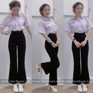 Quần tây ống loe đi học lưng cao có túi 1 khuy nữ m50 m55 nấm lùn - Quần ống loe vảy cạp cao màu Đen vải Vitex dày