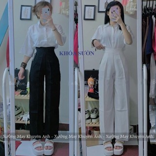 Quần tây ống rộng đi học khóa sườn nữ cạp lưng cao dáng quần vải ống rộng nữ suông dài dày đen học sinh đi học công sở