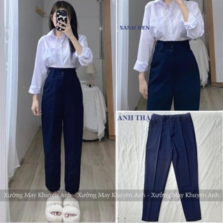 Quần Tây Xanh Đen đi học lưng cao 2 1 nút dáng suông dài - Quần baggy xanh đen cạp cao nữ học sinh đi học đáy cao