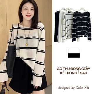  Áo len mỏng kẻ sọc hở lưng áo thun cổ tròn dài tay chất giấy mỏnh nhẹ XUANXIU 12509 