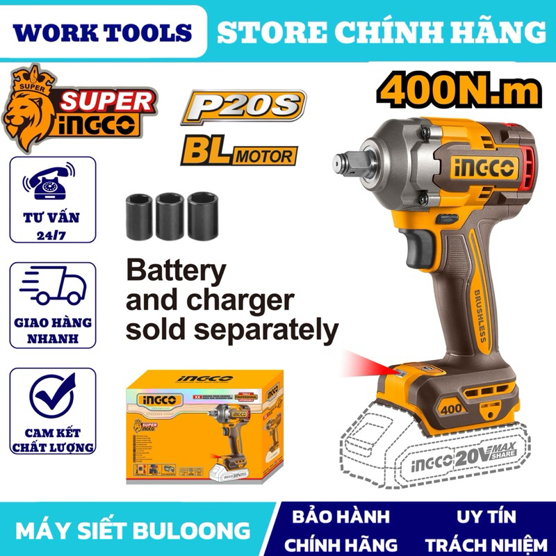 Máy siết bu lông dùng pin 20V INGCO CIWLI2040, lực siết tối đa 400Nm