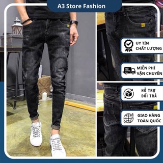  Quần jean nam xám than wash bạc cào xước nhẹ thêu túi 