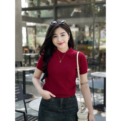 Áo len nữ cộc tay cổ đức phối họa tiết hình thoi chất len mềm mịn co giãn Evalover