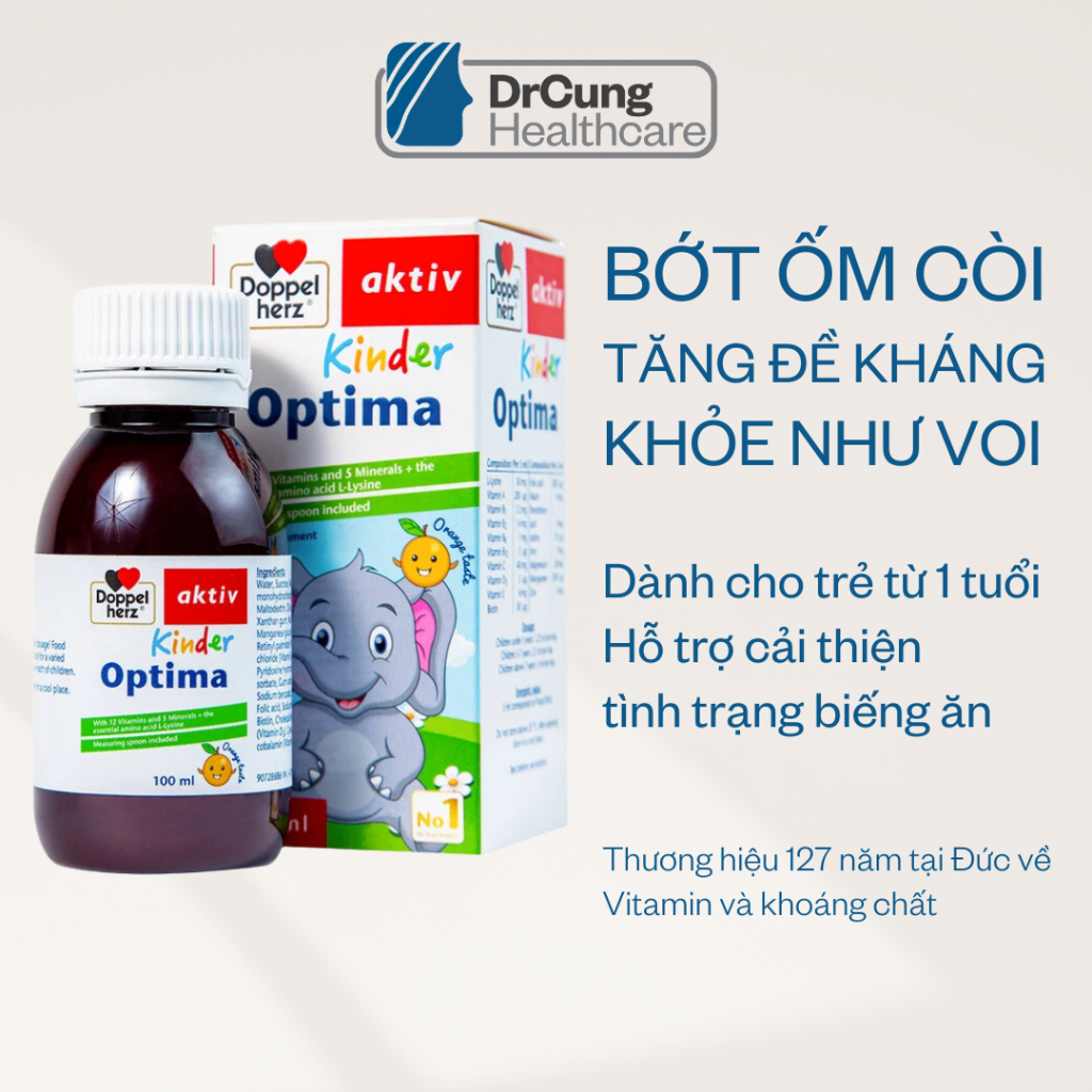 Bác Sĩ Cung Siro Ăn Ngon Cho Bé Kinder Optima - Siro Ăn Ngon, Tăng Chiều Cao, L-Lysine Doppelherz Đức (Chai 100ml)