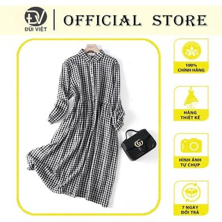 Đầm Sơ Mi Vải Thô Đũi Cổ Búp Bê Dáng Rộng, Họa Tiết Kẻ Dài Tay Thu Đông Dv185