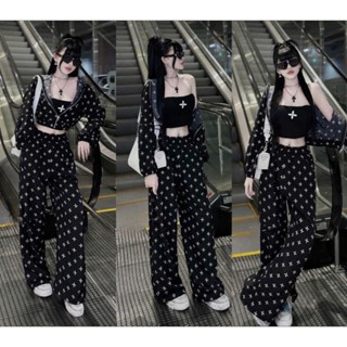  Set 3 món thiết kế năng động cá tính màu đen cho nàng đi chơi cực xinh khoác tay dài có nón phối quần suông kèm áo lót 