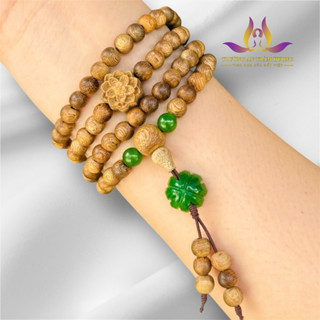 Vòng tay trầm hương 108 hạt TRƯỜNG AN TRẦM HƯƠNG thiên nhiên kèm cỏ may mắn xanh lá hoa sen trầm