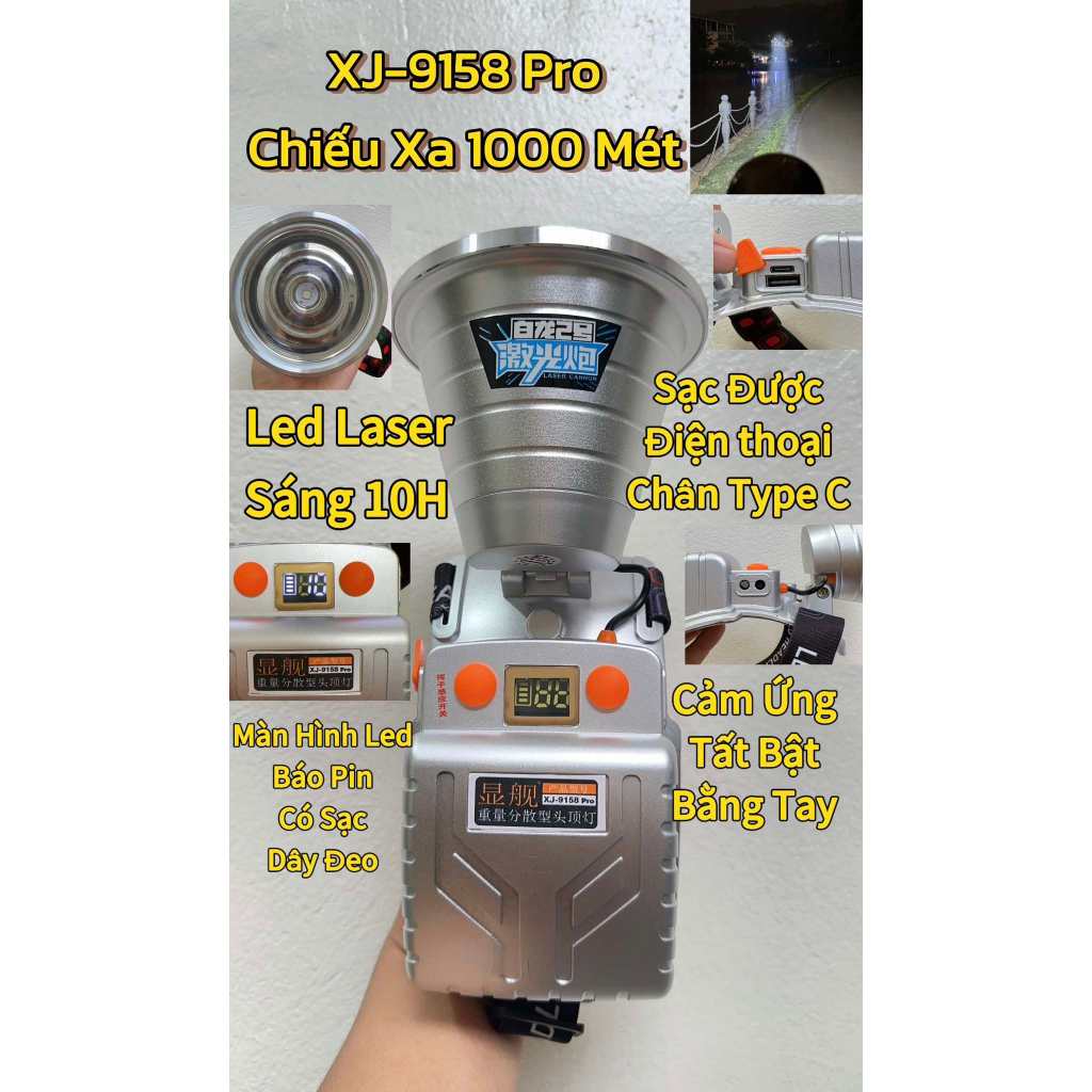Đèn pin siêu sáng XJ9158 Pro chiếu xa1000M,Đèn pin siêu sáng,pin trâu,có báo dung lượng pin và cảm ứ