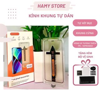 Kính cường lực IP khung dán tự động siêu dễ dán, viền mỏng, chống bám bụi khi dán độ cứng 9H