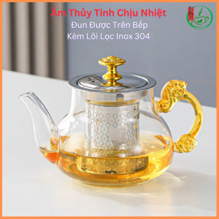 Bình Pha Trà, Bình Trà Thủy Tinh Chịu Nhiệt, Ấm Pha Trà Thủy Tinh Chịu Nhiệt Quai Vàng Có Lõi Lọc Inox 304 Dung Tích 400