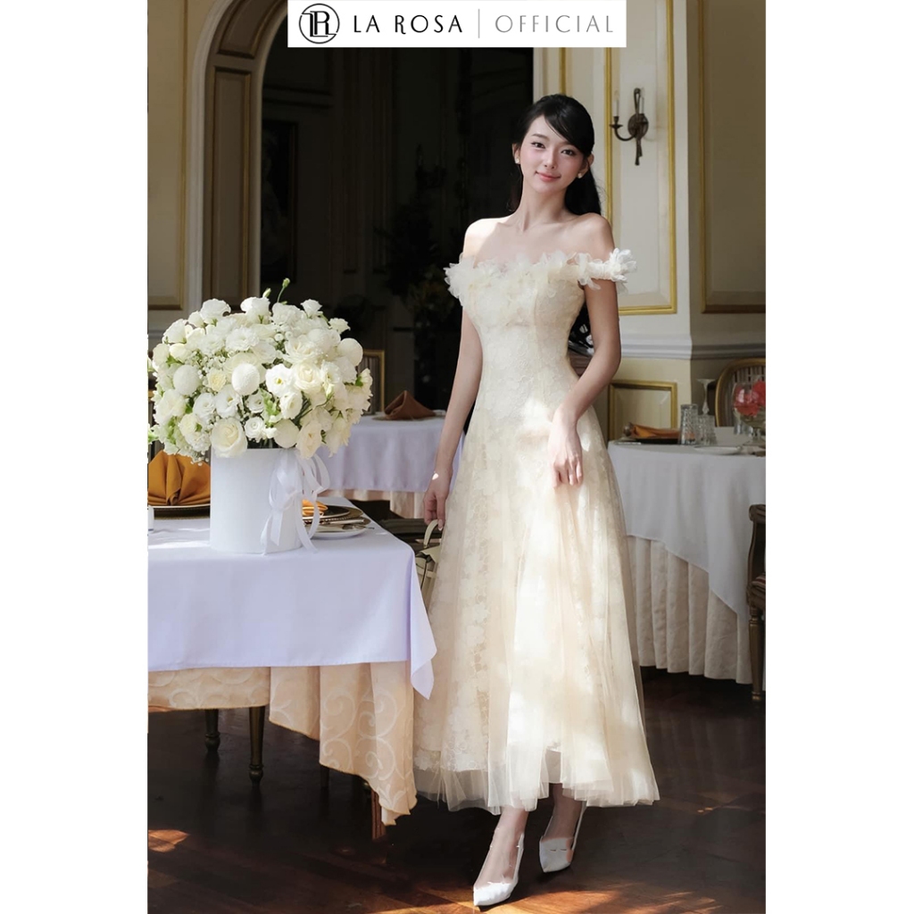 Đầm Ren Hoa Trễ Vai La Rosa Đầm Dáng Dài Xếp Ly Tiểu Thư Phù Hợp Đi Cưới, Dự Tiệc V1244
