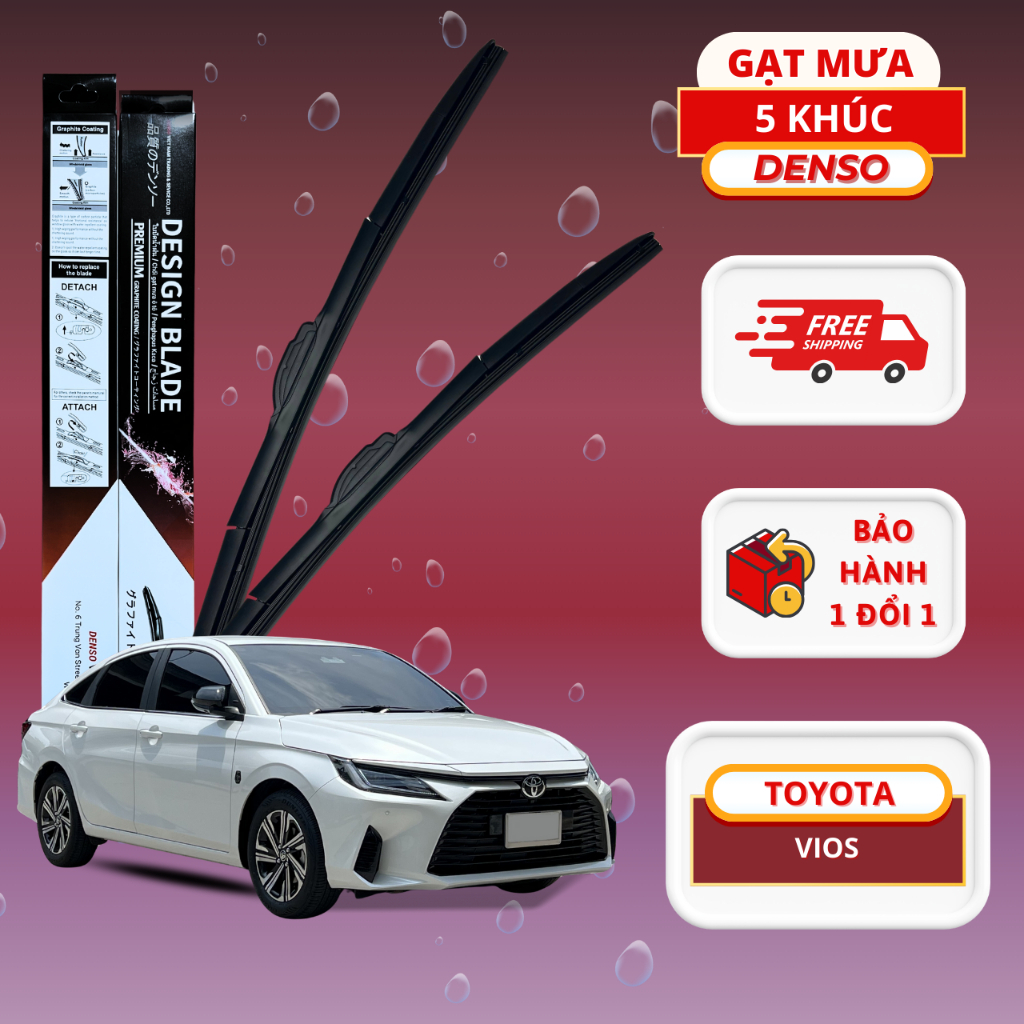 Gạt mưa ô tô Toyota Vios - Gạt mưa DENSO 5 khúc chính hãng ôm trọn bề mặt kính 2008 đến 2022 size 2414