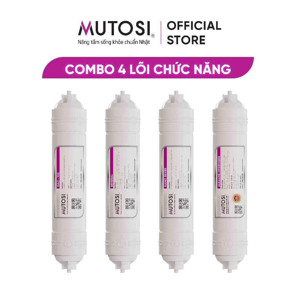 Combo 4 Lõi Lọc Nước chức năng Mutosi TKNO - Lõi T33/GAC, Khoáng đá, Alkaline Hydrogen, Nano bạc