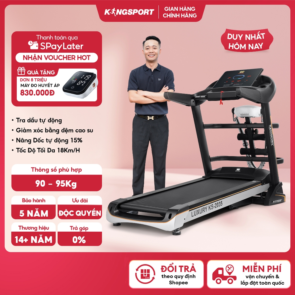 Máy chạy bộ KINGSPORT KS-2035 đa năng, thao tác phím cảm ứng, thiết kế sang trọng cứng cáp, kèm đai massage và thanh gập