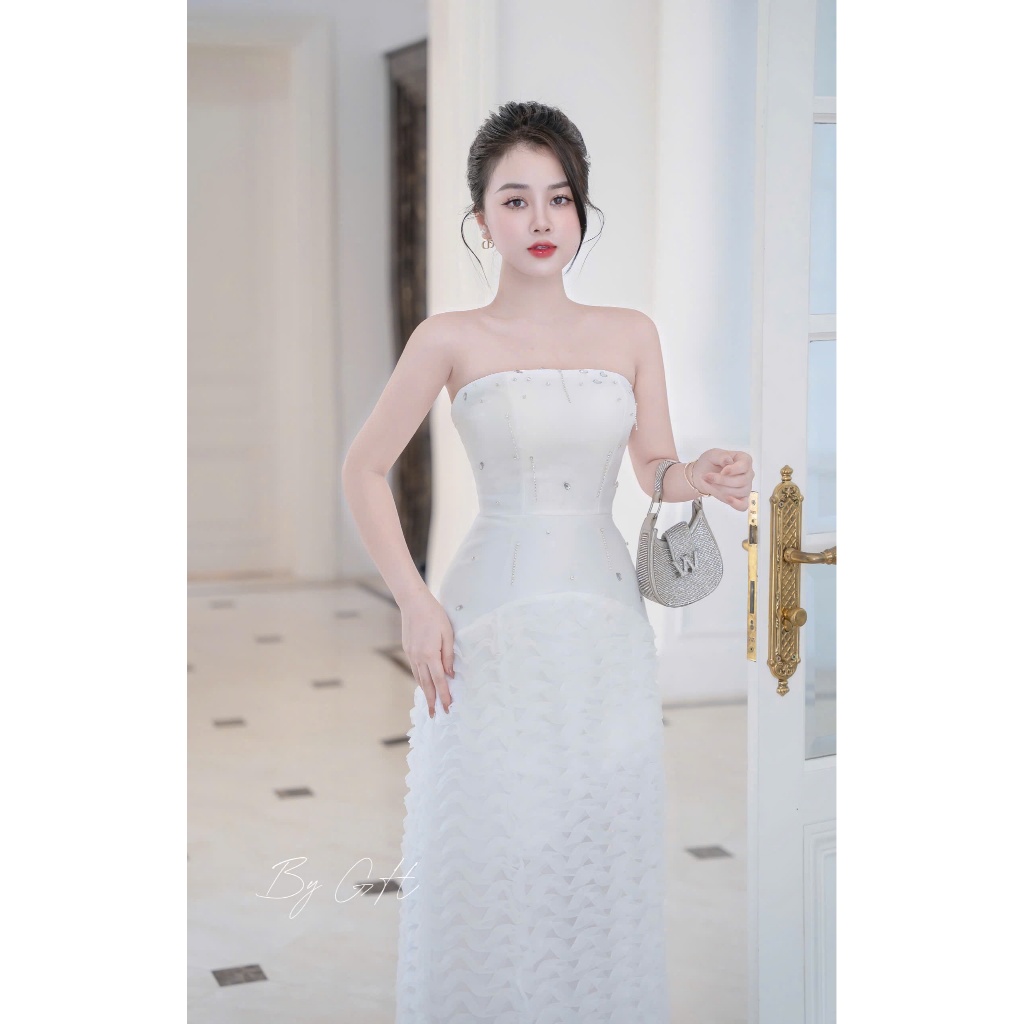 Đầm taffa dự tiệc đính đá phối chân váy sóng cao cấp,Váy trễ vai đi bàn cô dâu kèm choàng lưới mặc được 2 kiểu siêu sang