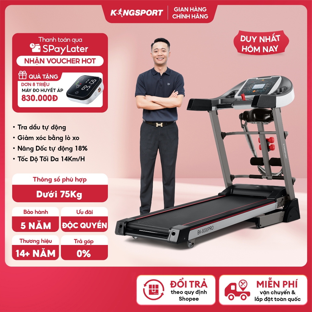 [Miễn phí lắp đặt] Máy chạy bộ KINGSPORT BK-8000 Pro đa năng, tốc độ tối đa 14km/h, kèm đai massage và thanh gập bụng