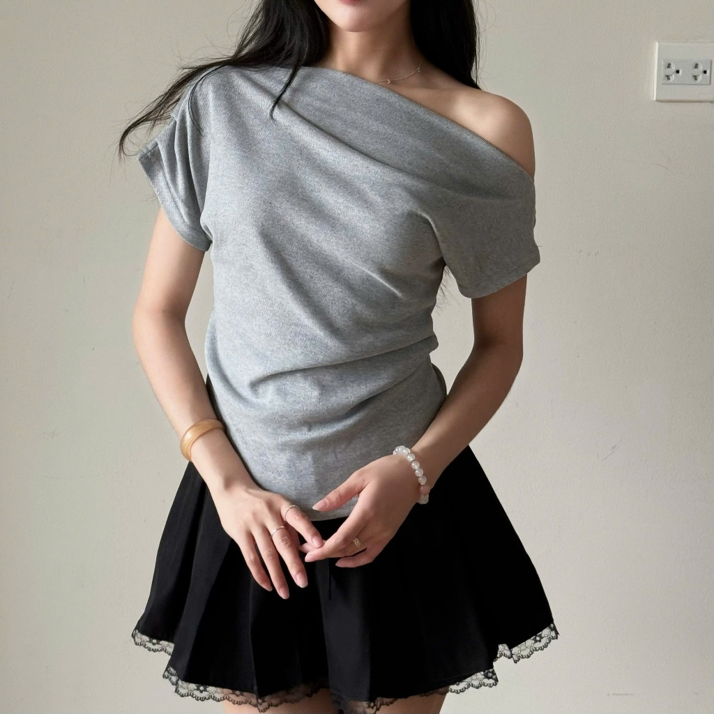 Áo thun lệch vai xếp ly eo điệu đà áo trễ vai nữ thắt eo tay cộc chất vải tăm lông thỏ ôm body HA500 | BigBuy360 - bigbuy360.vn