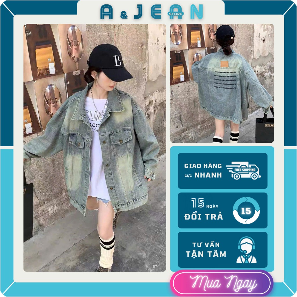 Áo khoác jean nữ form dài rộng lưng thêu chữ nhí tag da | K2 | AJEAN STORE