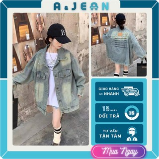 Áo khoác jean nữ form dài rộng lưng thêu chữ nhí tag da | L2 | AJEAN STORE