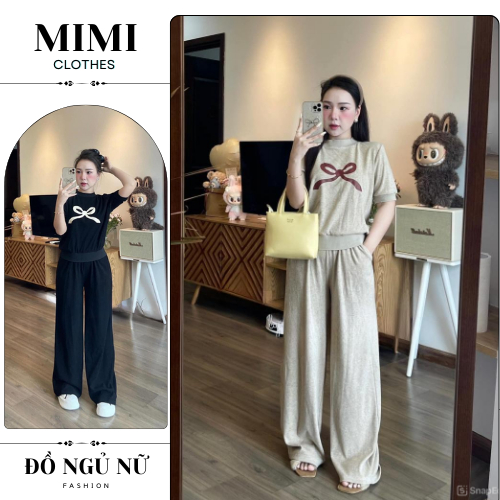 Đồ ngủ nữ set đồ nữ chất len cao cấp  đính nơ mix quần suông siêu sang MIMI CLOTHES hcom3209