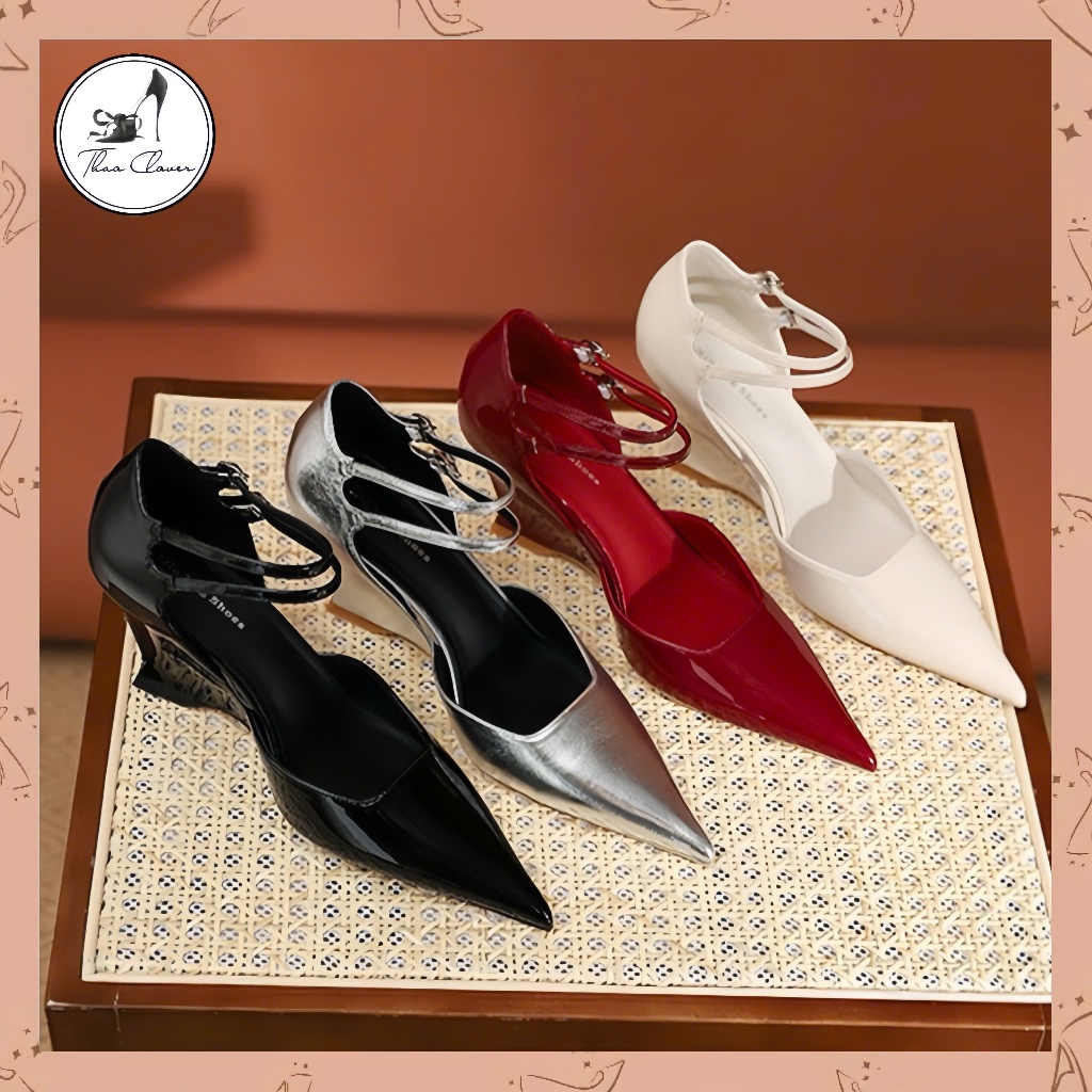  Giày sandal mũi nhọn đế xuồng da bóng hai quai ngang-6.5cm-4 màu-THAOCLOVER-XINJING-339-1 