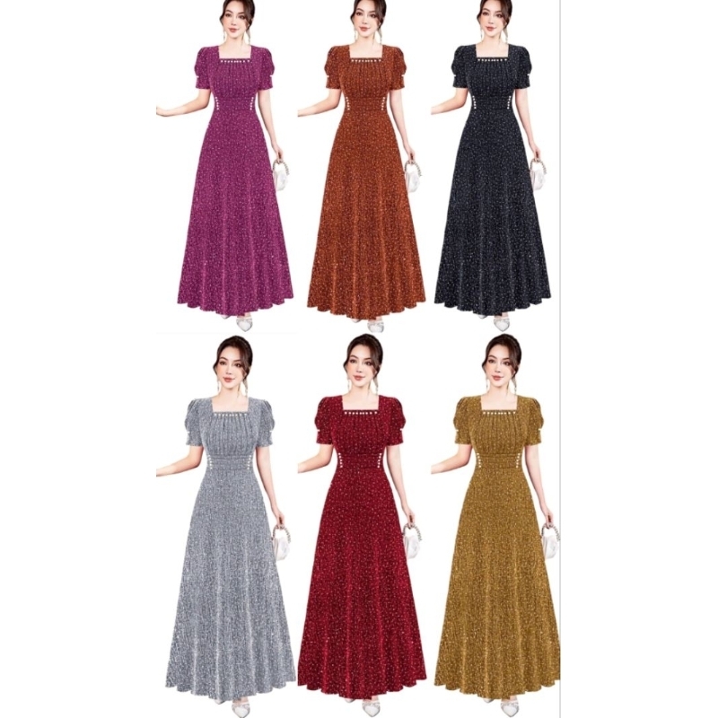 Đầm dạ hội đi tiệc đính đá nguyên đầm cổ vuông xếp ly viền ngọc nhấn ly eo kết ngọc tay phồng nhún ngắn size lớn 75kg