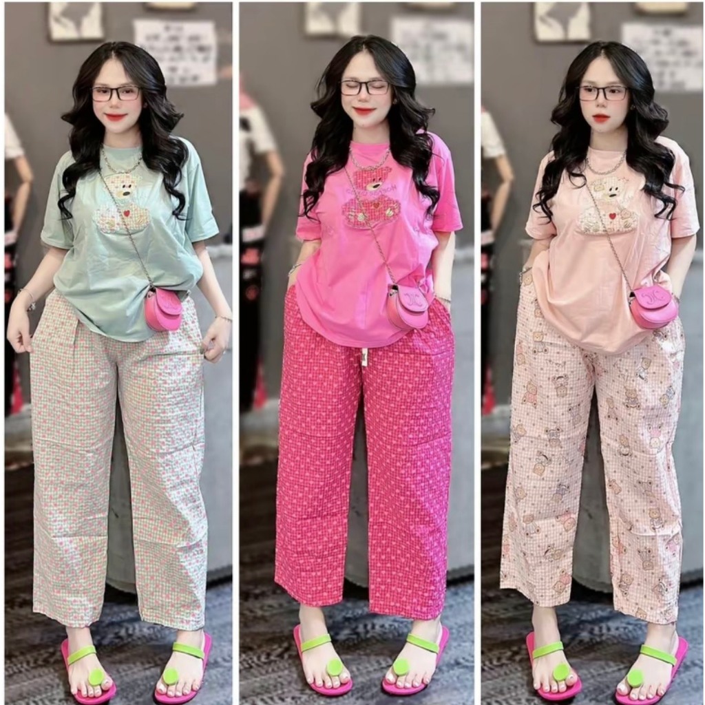 ĐỒ BỘ NỮ, SET BỘ NỮ ÁO COTTON THÊU GẤU PHỐI QUẦN KATE HỌA TIẾT 3 MÀU BIGSIZE 45-85KG