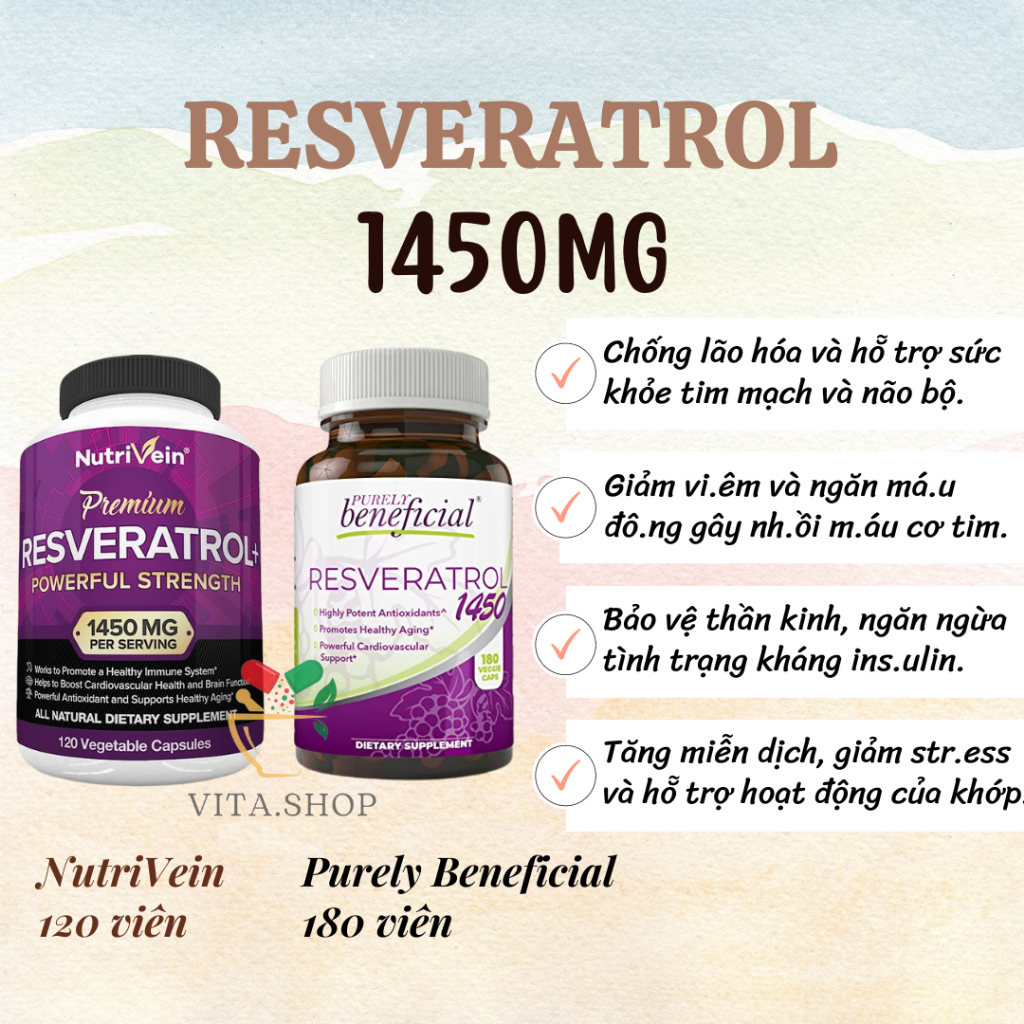 Viên uống Resveratrol hỗ trợ tim mạch, chống lão hóa 1450mg 180 viên Purely Beneficial