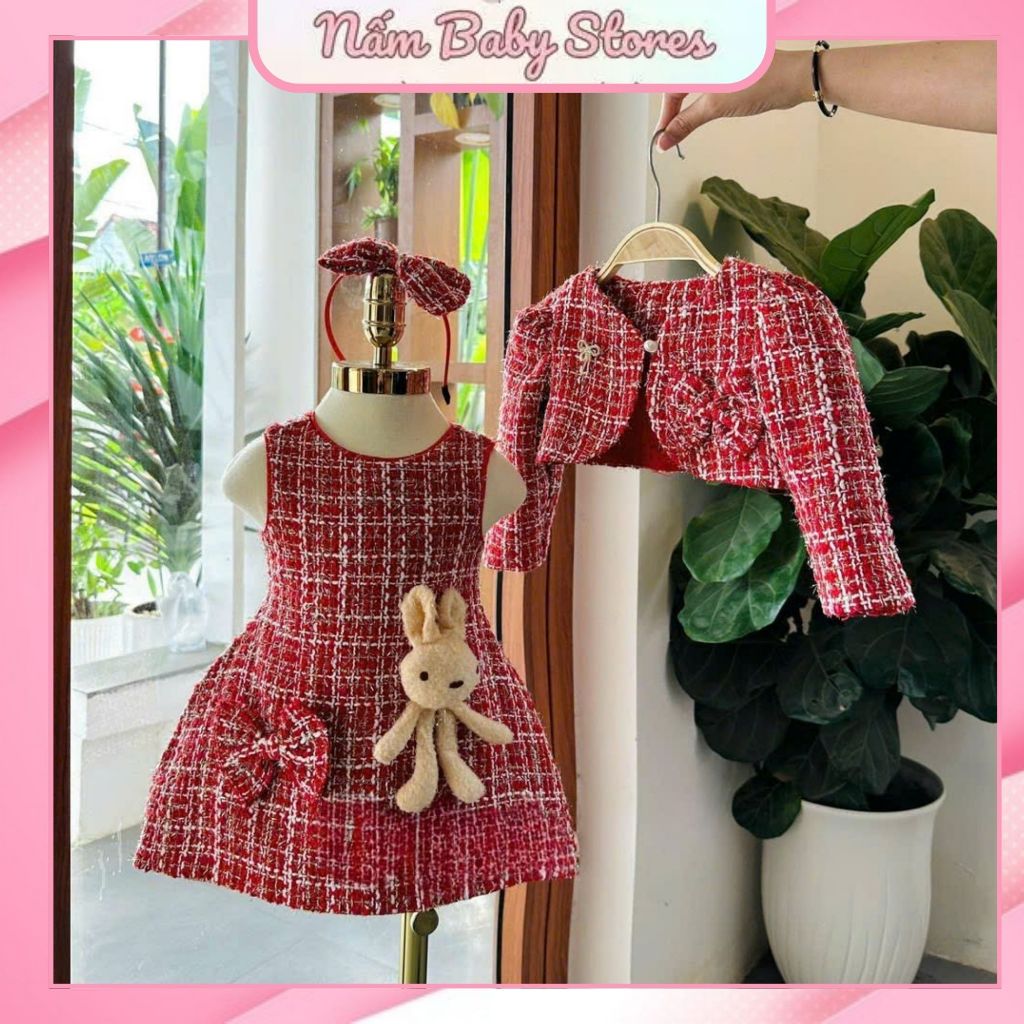 Set váy kèm áo dạ tweed cho bé, set váy áo dạ đính nơ và gấu nổi xinh xắn kèm bờm cho bé gái