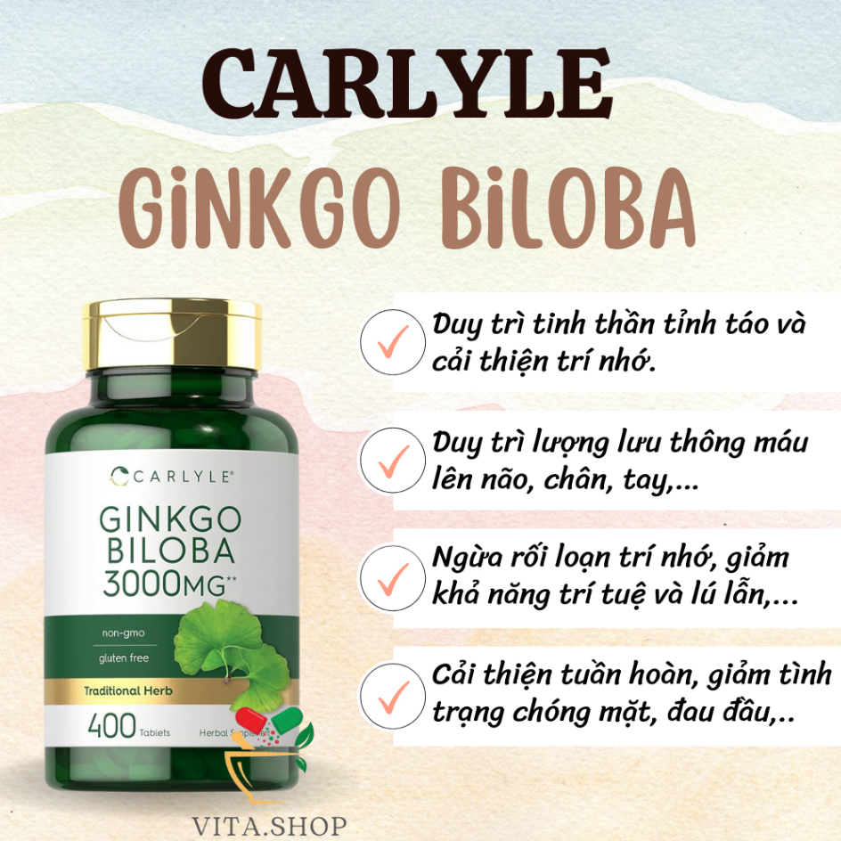 Viên Uống Bổ Não, Hỗ Trợ Trí Nhớ Và Tăng Sự Tập Trung Carlyle Ginkgo Biloba 3000mg 400 viên