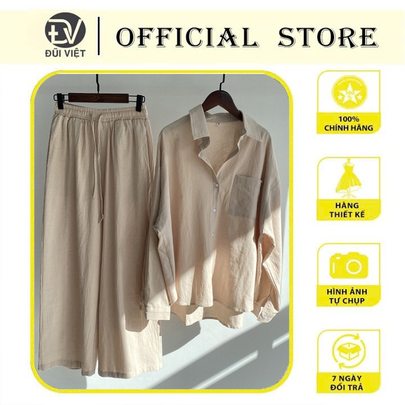 Sét Áo Sơ Mi Linen Mix Quần Dài Ống Rộng Lưng Cao