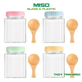  Bộ 4 Hũ thủy tinh 500ml có nắp tặng kèm muỗng gỗ đựng ngũ cốc granola gia vị thực phẩm khô - Thủy tinh MISO 