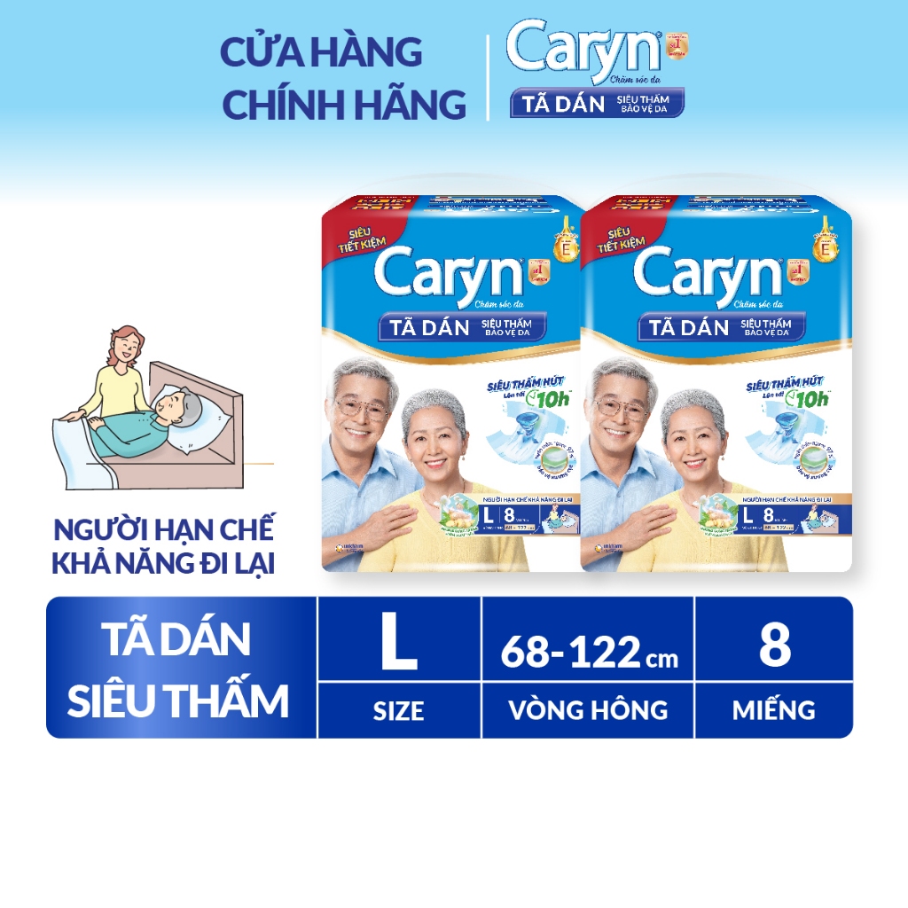 Bộ 2 Tã/Bỉm dán người lớn siêu thấm Caryn dành cho người hạn chế khả năng đi lại Size L (8/10/20/40p