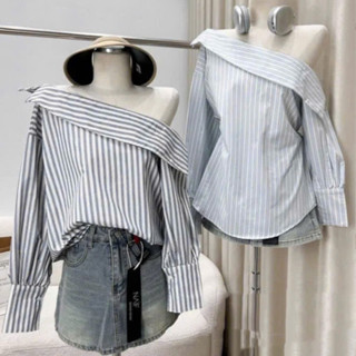 Áo trễ vai nữ A.657, Áo sơ mi lệch vai tay dài dáng suông phong cách cá tính - Shop Chấm Bi