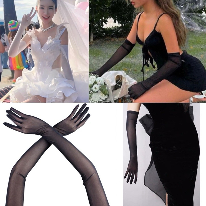 Găng Tay Voan Mỏng Đen Dài Co Dãn Ôm Tay