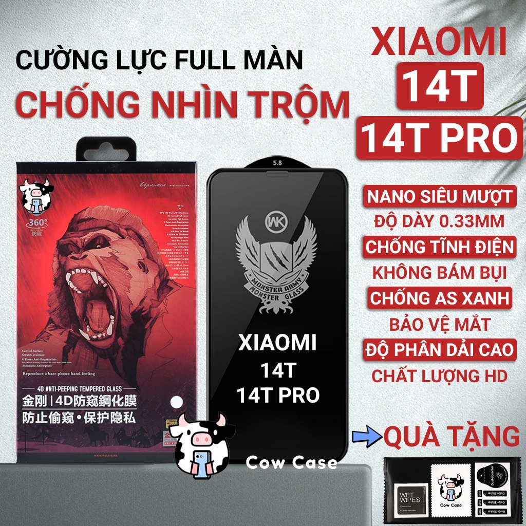 Kính cường lực Xiaomi 14T, 14T Pro 5G chống nhìn trộm full màn | Miếng dán bảo vệ màn hình cho Redmi Cowcase