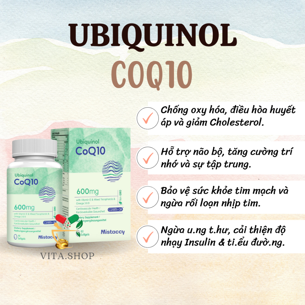 Mistaccy Ubiquinol CoQ10 600mg - Viên uống hỗ trợ tim mạch, huyết áp, chống oxy hóa 60 viên
