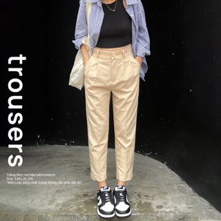 Quần Tây Nữ Lửng Mắt Cá Dáng Baggy Màu Be - QUDU - Cotton Mềm Mát, Tôn Dáng - Freeship Extra